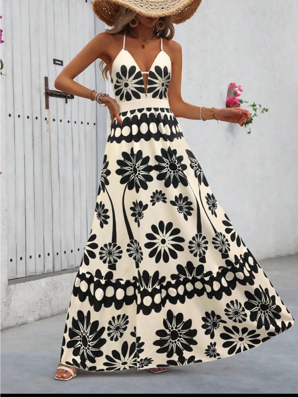 NWOT Women’s Cream Floral Maxi Dress with Black Print